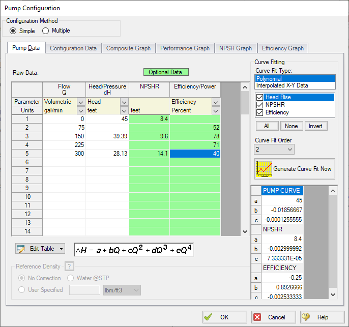 The Pump Data tab of the Pump Configuration window. Data is entered into the table.